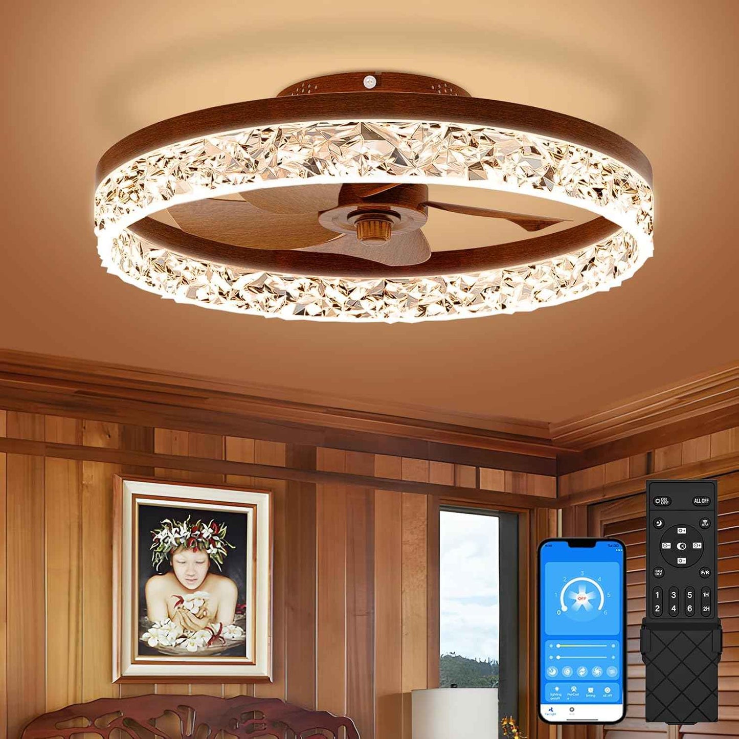Modern Bladeless Ceiling Fan with Light & Remote - 15.7in Low Profile Fandelier, Dimmable 3000K-6500K for Bedroom