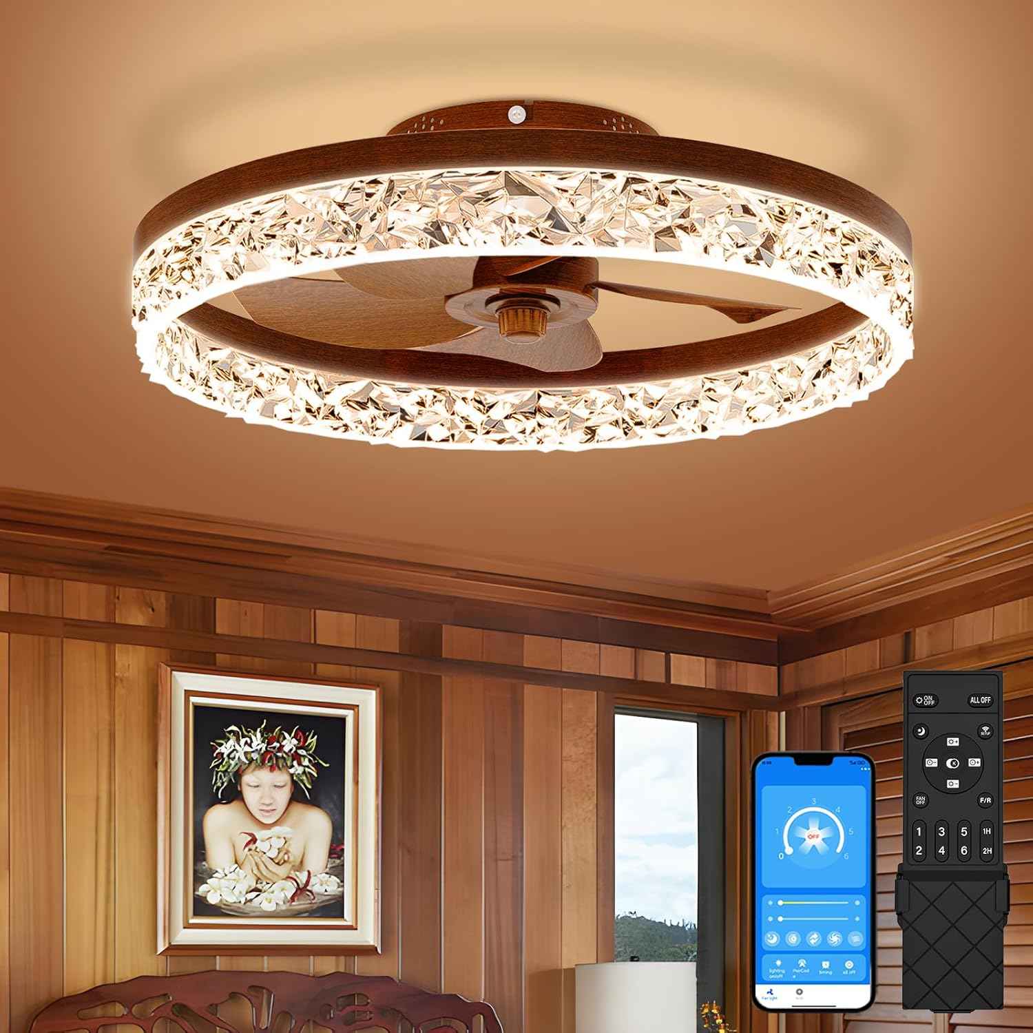 Modern Bladeless Ceiling Fan with Light & Remote - 15.7in Low Profile Fandelier, Dimmable 3000K-6500K for Bedroom