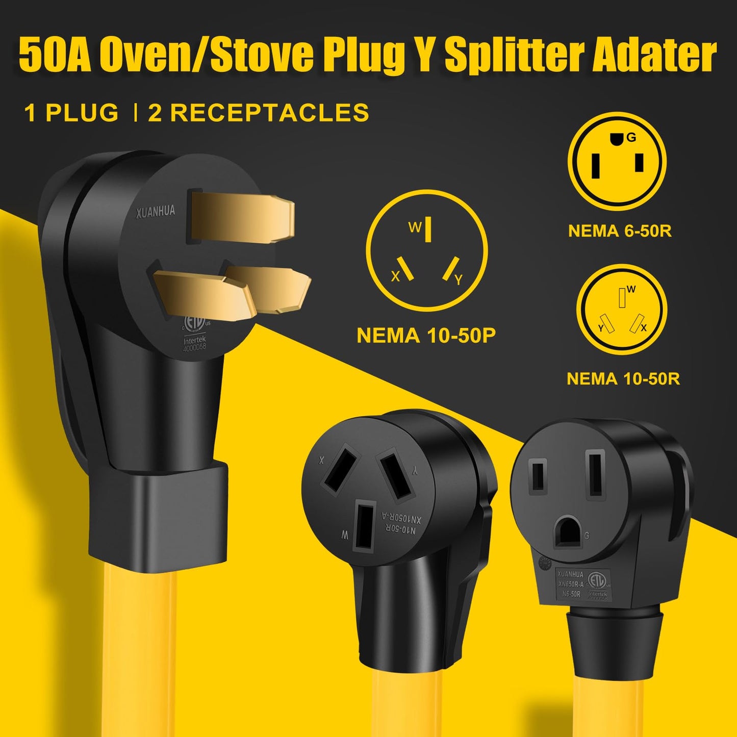 LAZMUMI 3 Prong 50 Amp Y Splitter for EV Charger and Older Ranges, NEMA 10-50P to 10-50R/6-50R Adapter for EV Charger at 50A Older Welder Outlet (Pre-1996) 125/250V, STW 3-Wire 6 AWG, 3FT