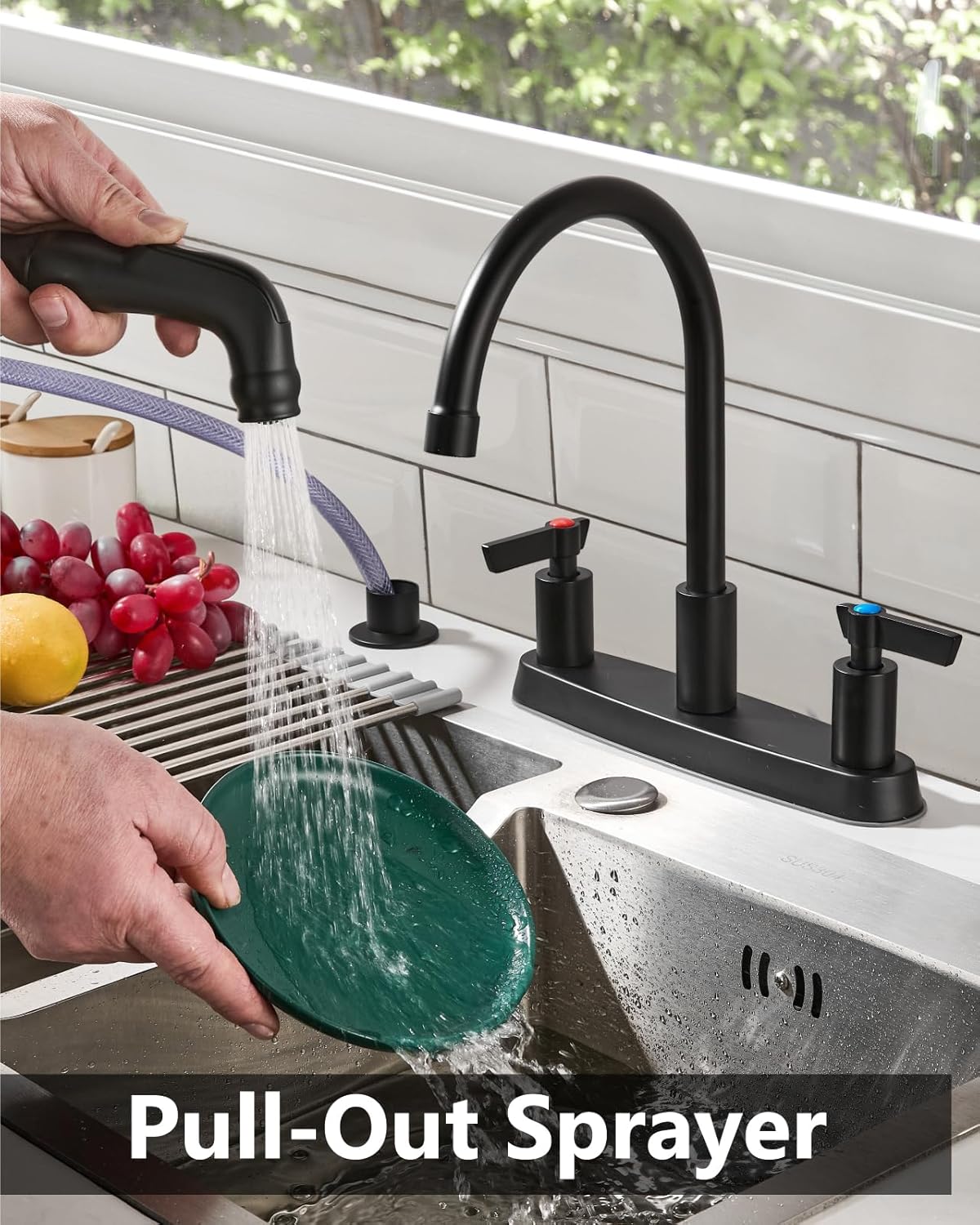 Brushed Nickel Kitchen Faucet with Sprayer - 2 Handle 8-Inch Centerset 3 Hole