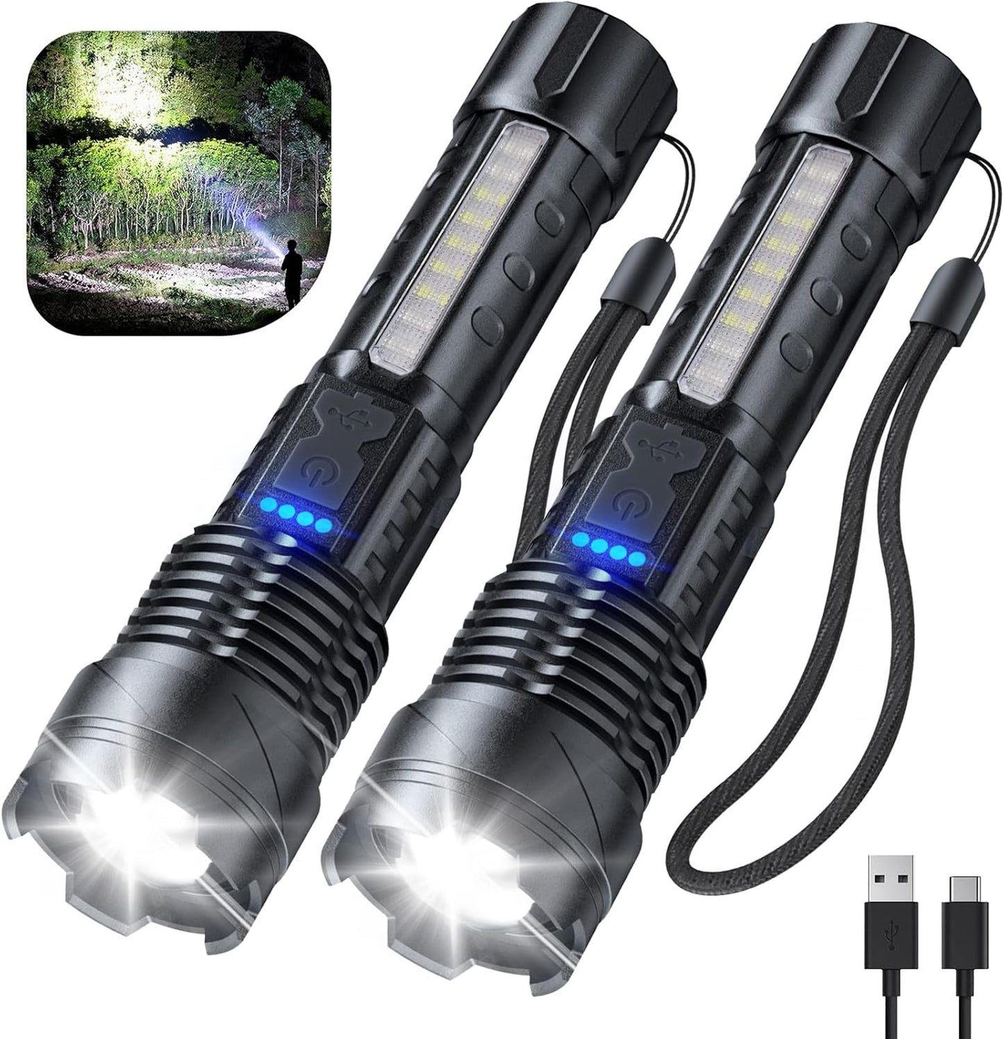 Rechargeable High Lumens Flashlight 2 Pack - 990000 Lumen Super Bright LED, 7 Modes, IPX6 Waterproof for Camping & Emergencies