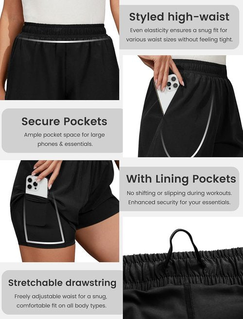 FireSwan Women's 2-in-1 Athletic Shorts - High Waisted, Quick Dry, Workout with Pockets