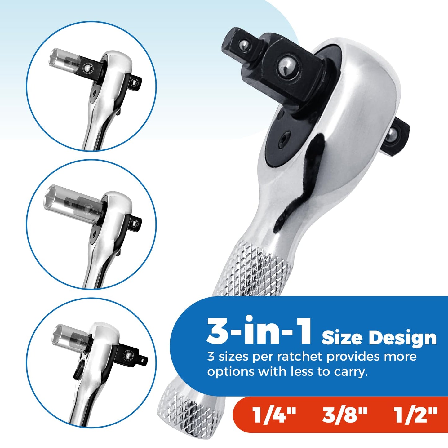 DER ERWACHTE 3-in-1 Stubby Ratchet Handle, 1/4 ", 3/8 ", 1/2" Drive Ratchet Wrench, 72-Tooth, Reversible Switch, Full-Polished Chrome Plating, Chromium Vanadium Steel