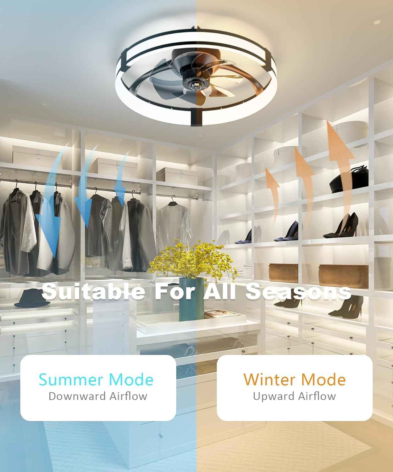 Smart Bladeless LED Ceiling Fan with Lights & Remote - 20" Black Low Profile Flush Mount for Bedroom
