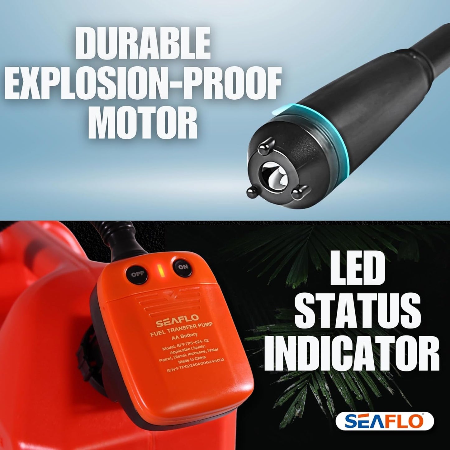 SEAFLO Automatic Fuel Transfer Pump - 2.4 GPM Flow with Auto-Stop Sensor | Portable Gas Can Pump for Oil, Diesel, Gasoline