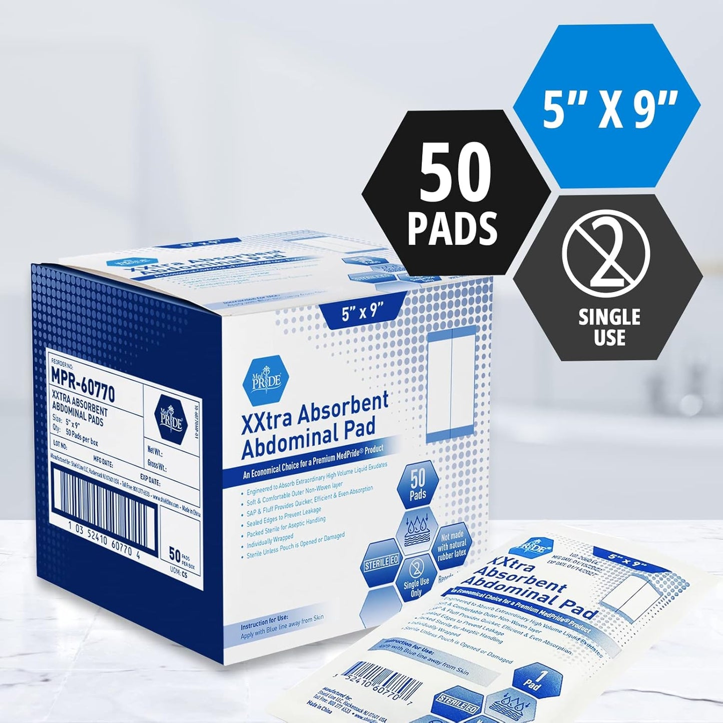 Med Pride Sterile Abdominal Pads - Ultra-Absorbent, Latex-Free, 5”x9” | 50 Individually Wrapped Pads