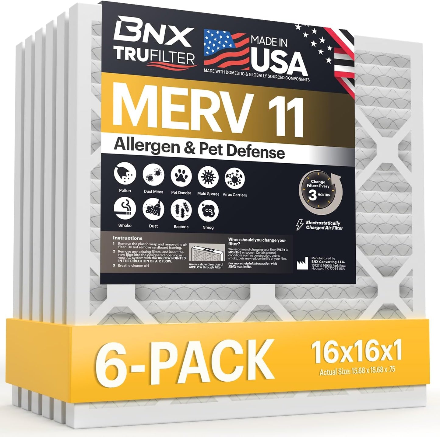BNX TruFilter 12x12x1 MERV 8 Air Filters (6-Pack) - USA-Made Dust & Pet Defense for HVAC