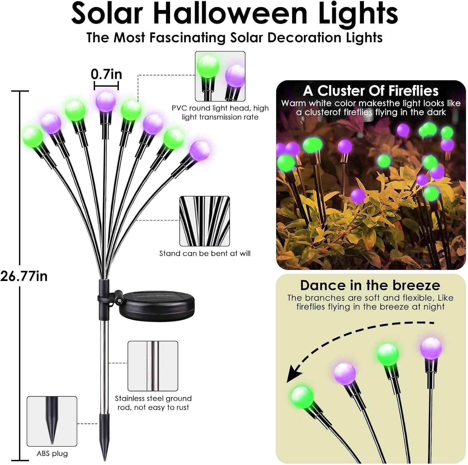 48 LED Solar Halloween Lights - 6 Pack Purple & Orange Waterproof Firefly Lights for Garden & Patio Decor