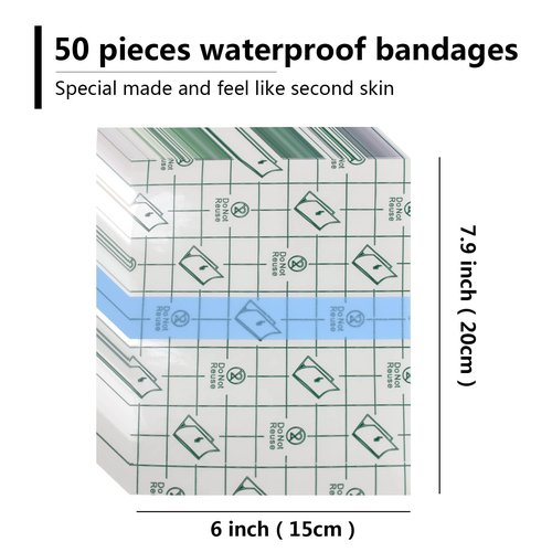 Transparent Waterproof Bandage 50 Pieces | 6 in x 8 in |-Clear Skin Protection Tape,Second Skin Bandage,Dressing Tape,Wound Water Resistant