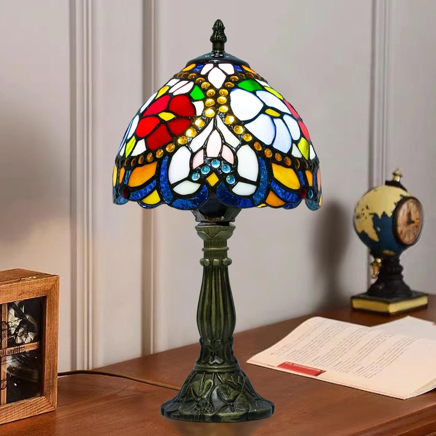 Tiffany Table Lamp - 8 Inch Antique Stained Glass, 3 Color Temperatures, Handcrafted for Bedroom & Living Room