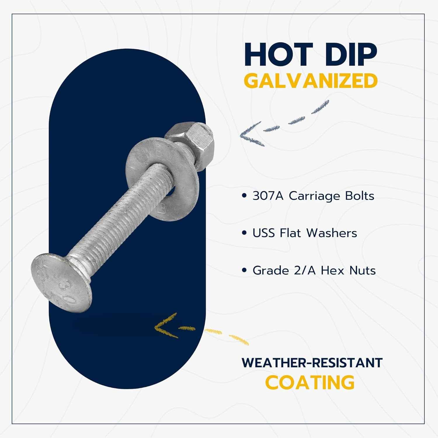 Galvanized Carriage Bolt Kit - 25 Pack 1/2" x 6" with Washers & Hex Nuts for Outdoor Use