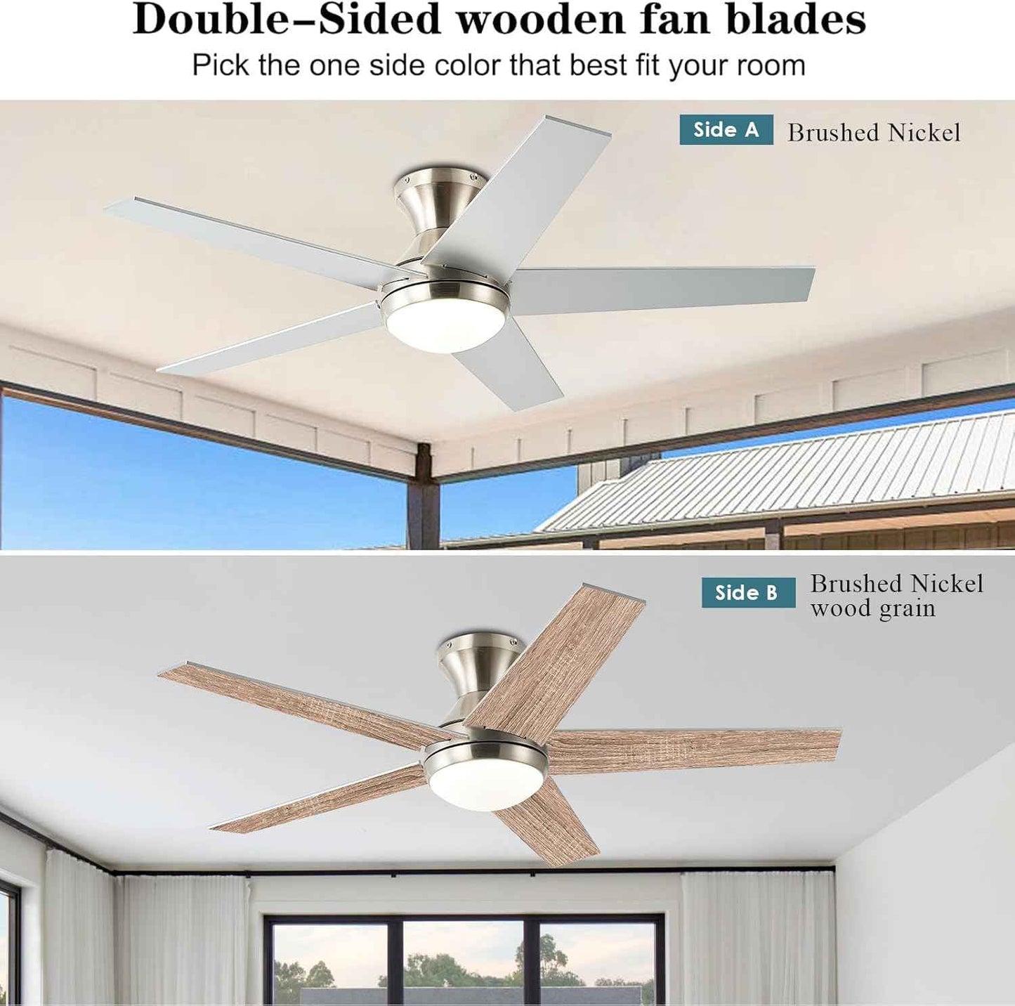 48-Inch Low Profile Ceiling Fan with Lights & Remote Control - Dimmable, Noiseless, Reversible Motor for Bedroom & Indoor/Outdoor Use