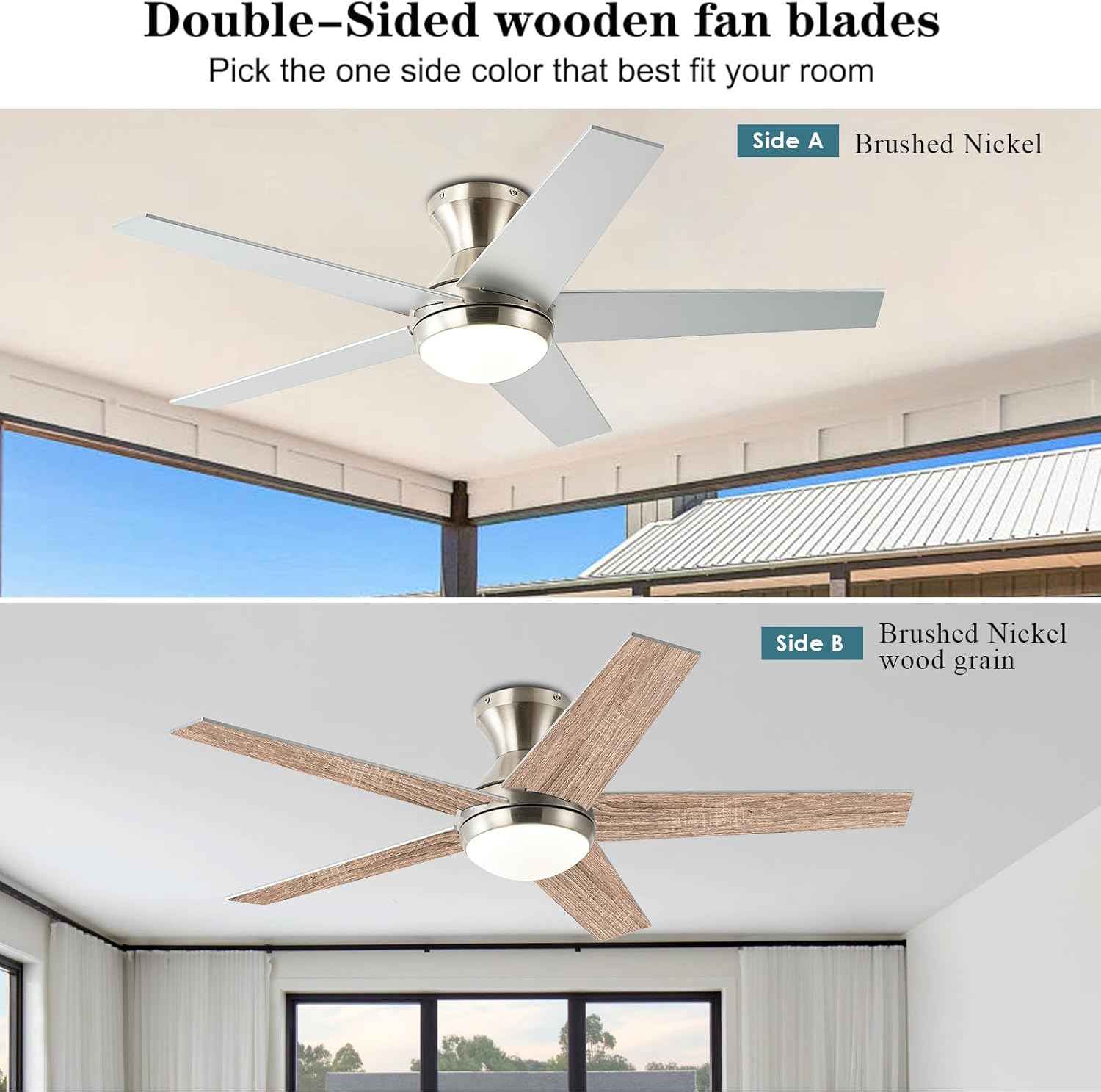 48-Inch Low Profile Ceiling Fan with Lights & Remote Control - Dimmable, Noiseless, Reversible Motor for Bedroom & Indoor/Outdoor Use