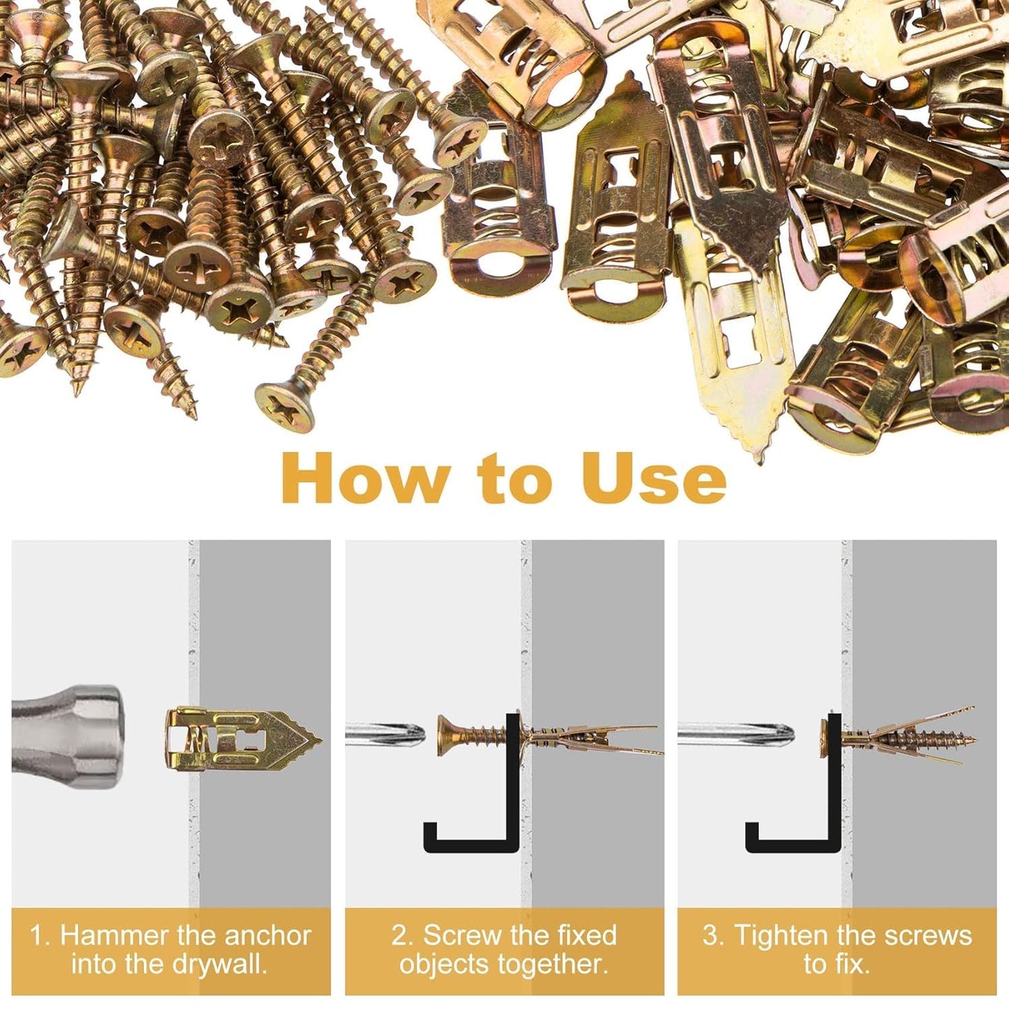 FNLGTN Self-Drilling Drywall Anchors and Screws Kit, 100 Pieces, 50 Metal Anchors & 50 Screws, No-Drill Installation (100pcs 0.47X1.18)