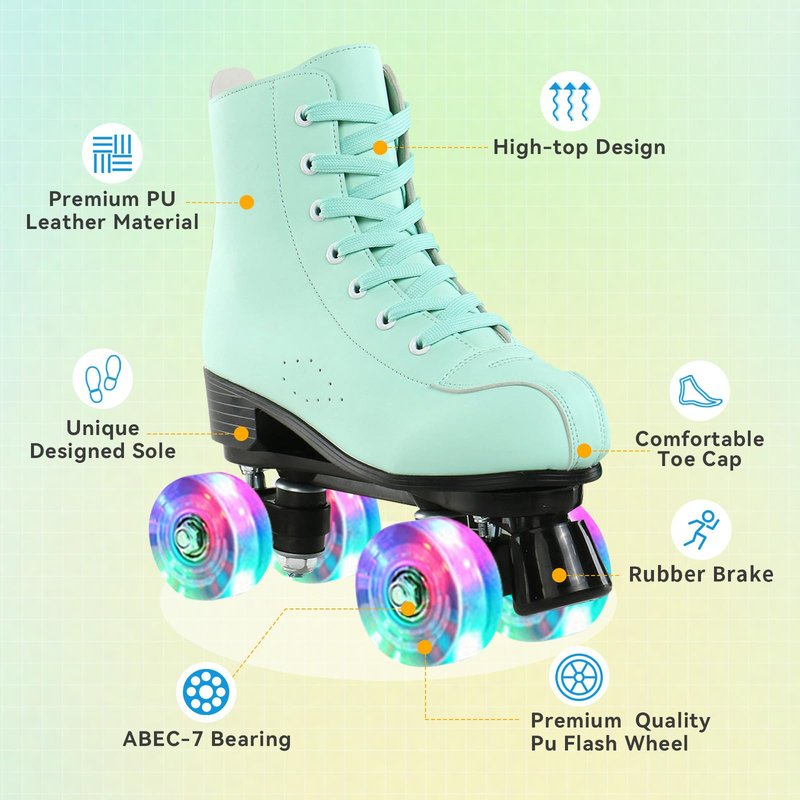 XUDREZ High-Top Roller Skates for Women - Cozy Green PU Leather, Indoor Outdoor Double-Row Skates for Beginners with Shoes Bag (Flash Wheel, 38)