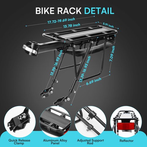 PIREKZUNT Rear Bike Rack, 110 LB Capacity Quick Release Bike Cargo Racks with Mudguard and Reflective, Adjustable Aluminum Alloy Ebike Carrier Rack for 26"-29" Frames