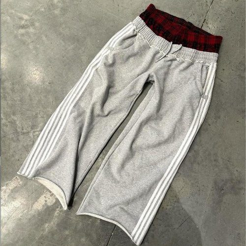 Double Waisted Sweatpants Men Casual Striped Boxer Sweatpants High Rise Wide Leg Baggy Sweat Pants with Elastic Drawstring(Grey,m)