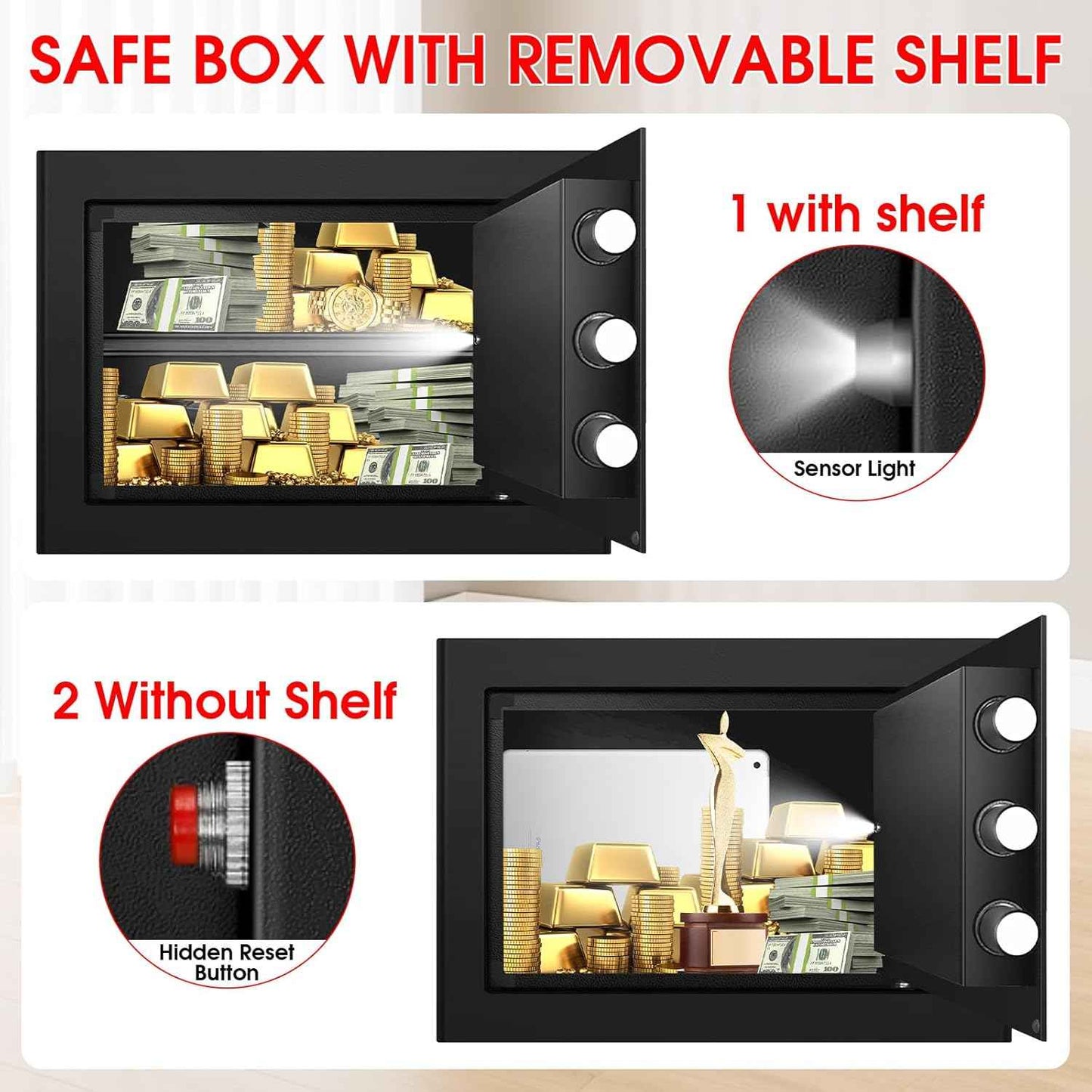 Small Home Safe 1.2 Cubic Feet - Anti-Theft Steel Security Box with Combination Lock & Alarm