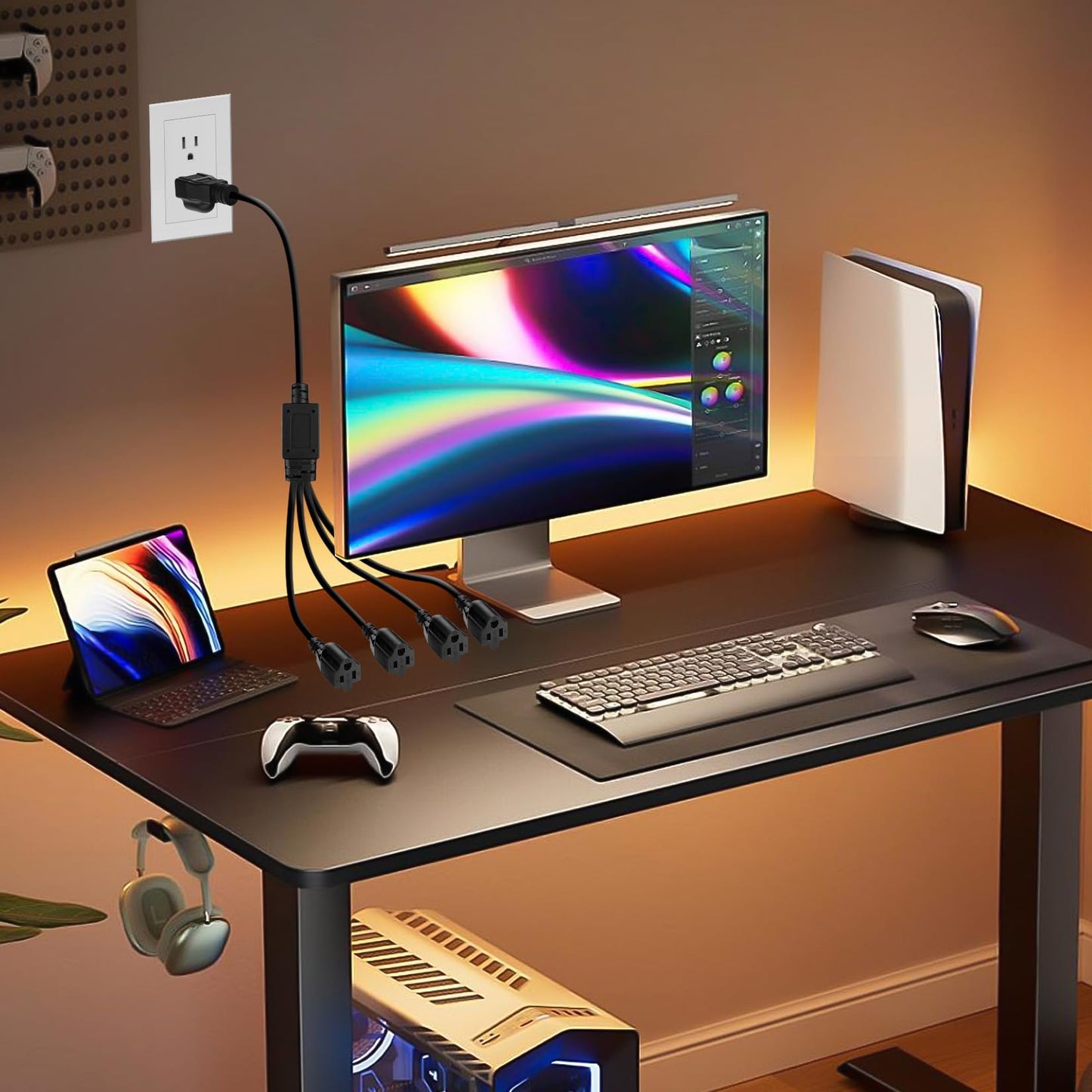 VSEER 4 Outlet Power Cord, NEMA 5-15P to 5-15R 3 Prong 1 to 4 Y Splitter US AC Male and Female Power Cable SJT 16AWG Outlet Saver, 4 Way Extension Cord Splitter Black, 20 Inch (1 Pack)