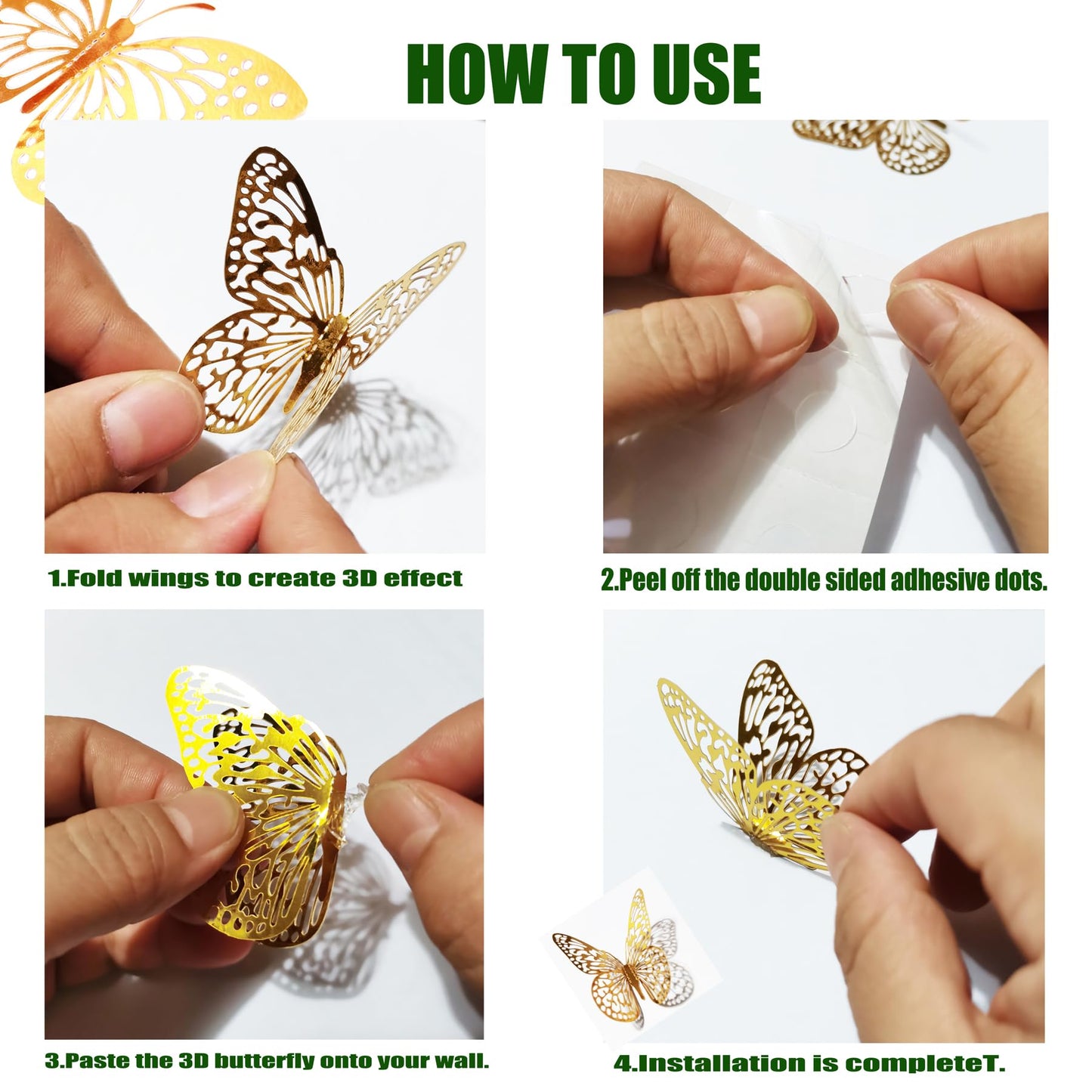 JOSDIOX 72 Pcs 3D Gold Butterfly Wall Decor Stickers - 4 Unique Styles & 3 Sizes, Removable Decals for Birthday Parties, Cake Toppers & Home Wall Decor