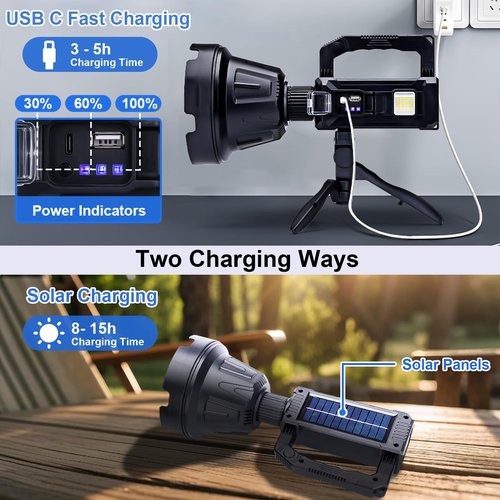Ewenele Rechargeable Handheld Spotlight, 3,000,000L Super Bright LED Solar & High Powered Spot Light with 6 Modes, 3 Color Lenses, COB Side Light, USB C, Waterproof for Outdoor Emergency Hunting
