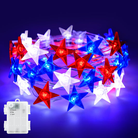 cshare 4th of July Lights Battery Operated, Red White and Blue Lights with Timer Outdoor Waterproof, 13ft 40LED Patriotic Star String Lights for Memorial Day Presidents Day Independence Day