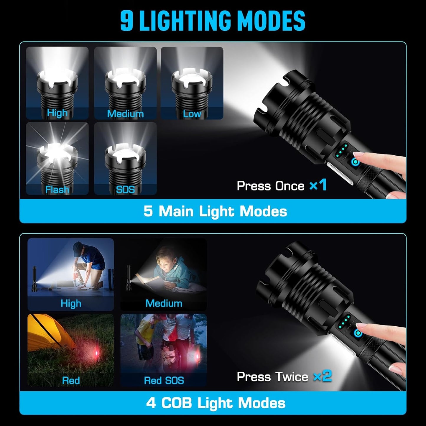 9000 Lumens Rechargeable Tactical Flashlight - Super Bright LED, 14 Modes, Waterproof for Camping & Emergencies