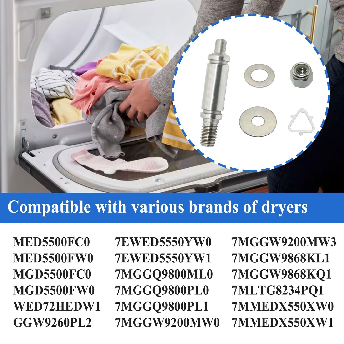 2 Sets W10359271 Dryer Front Drum Support Roller Shaft, Replaces for WPW10359271, 1878662, AP6020388, 387460, 3399508, 8575324, PS11753707, with W11236646 Washer and W10512946 Tri-Ring Retainers