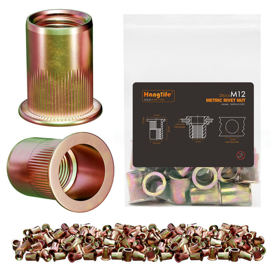 HANGLIFE Rivet Nut, M12 Metric Rivnut - Flat Head Nutserts, Zinc Plated Carbon Steel Knurled Body Threaded Insert Nuts, 20 Pieces