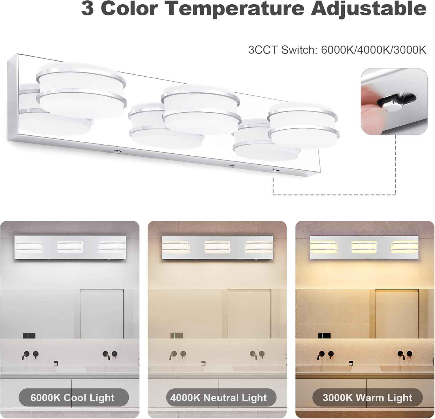 LED Chrome 3-Light Dimmable Bathroom Vanity Light Fixture - Modern Acrylic & Stainless Steel Over Mirror Lighting