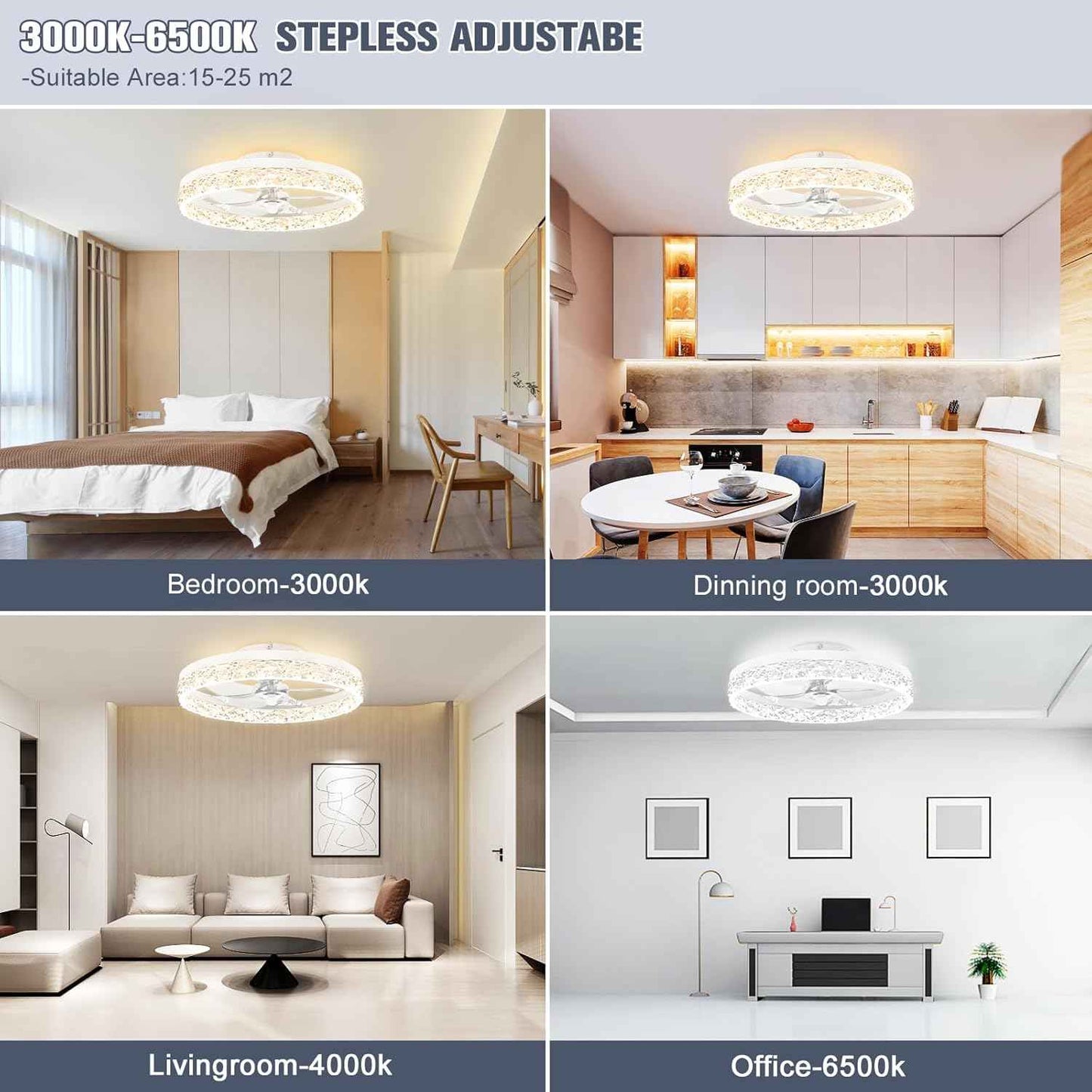 Modern Bladeless Ceiling Fan with Light & Remote - 15.7in Low Profile Fandelier, Dimmable 3000K-6500K for Bedroom