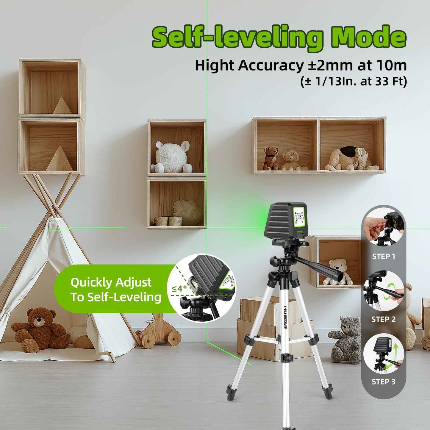 Laser Level with 26in Tripod, Huepar 150°/150Ft Self Leveling Lazer Leveler Tool with Pulse Mode (197Ft), Switchable Green Cross Line for Picture Hanging, Tile, DIY/Construction Project