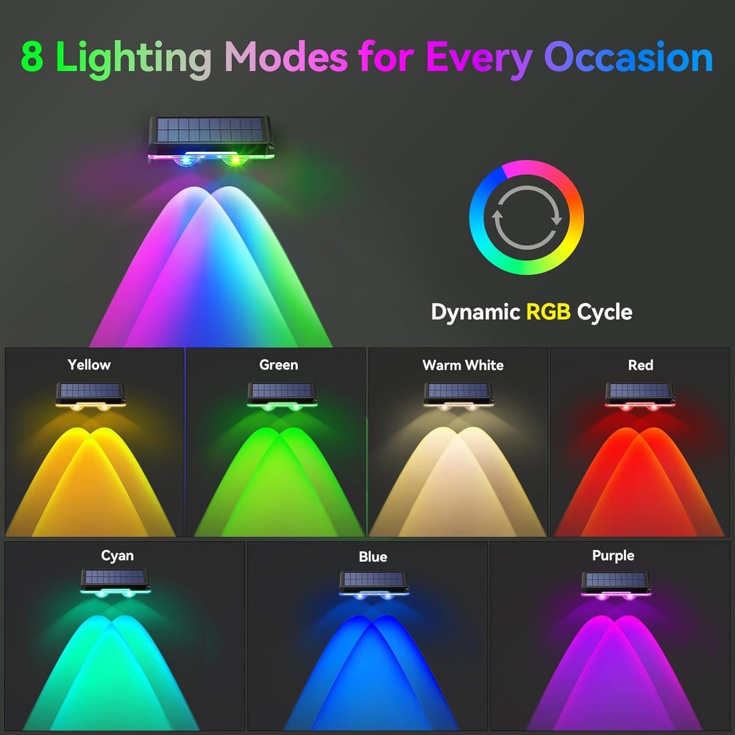 TECKNET Solar Fence Lights - 12 Pack LED Outdoor Lighting, IP66 Waterproof, Warm White & RGB Colors for Deck, Patio, Pool, and Backyard