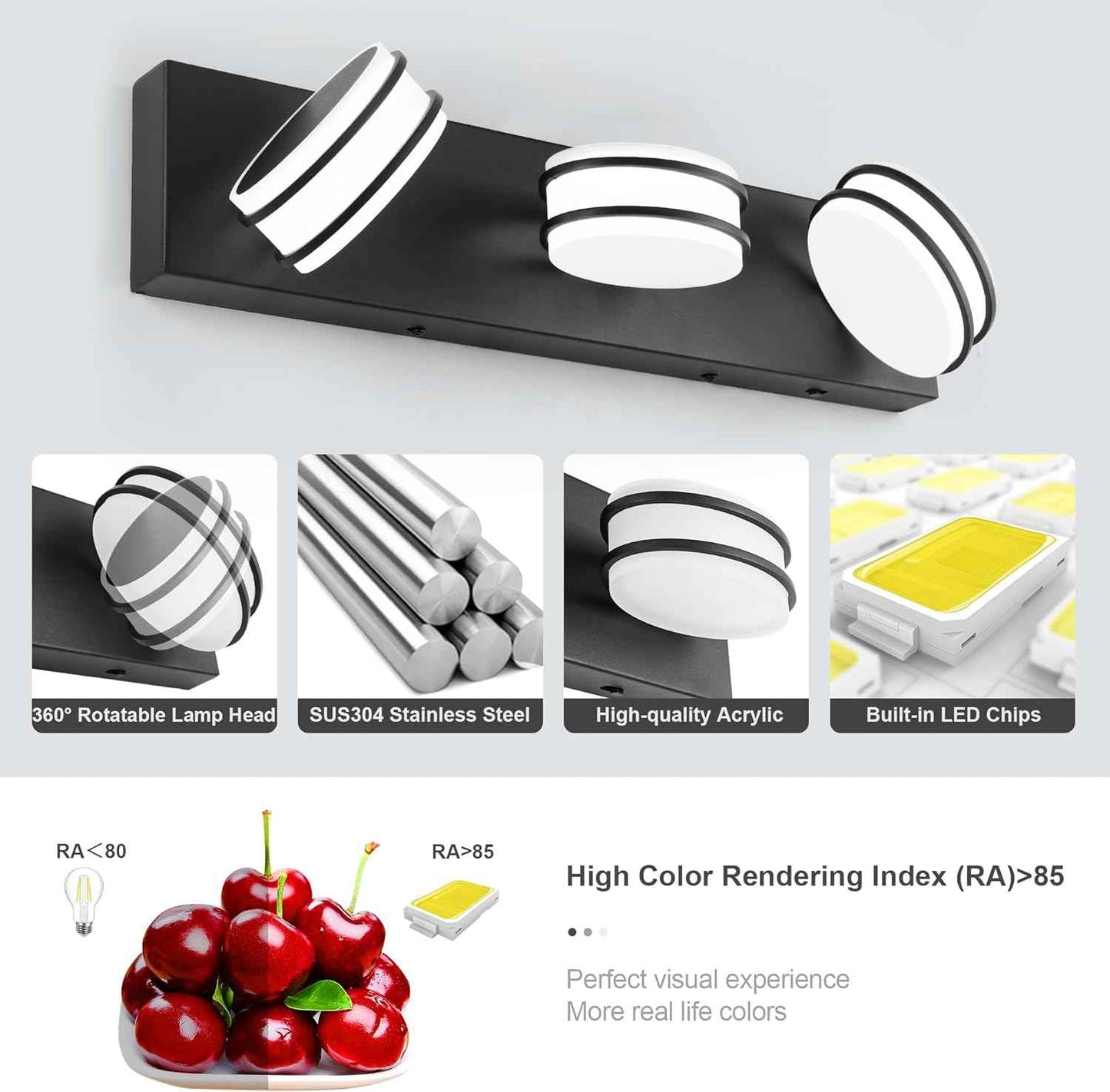 LED Chrome 3-Light Dimmable Bathroom Vanity Light Fixture - Modern Acrylic & Stainless Steel Over Mirror Lighting