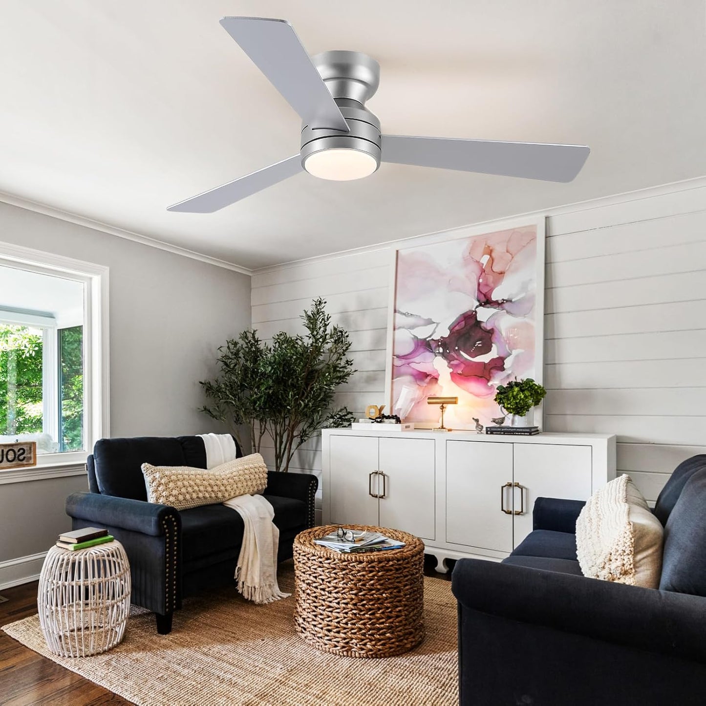 46” Black Low Profile Ceiling Fan with Lights & Remote Control - Dimmable, Noiseless, Reversible for Bedroom