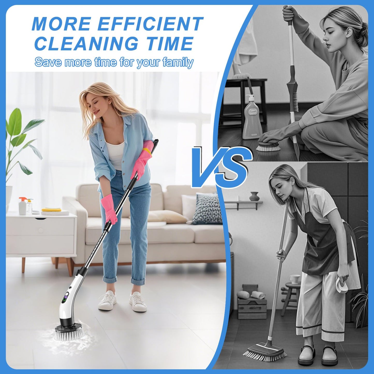 Electric Spin Scrubber with Power LCD Display, Cordless Bathroom Cleaning Brush with Adjustable Extension Handle, 400RPM/Mins, 9 Replaceable Brush Heads, IPX7 Waterproof for Shower, Bathtub, Tile