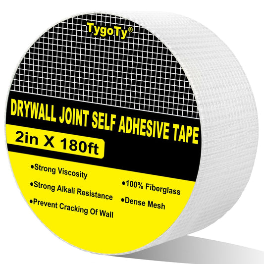 TygoTy Drywall Joint Mesh Tape 2“×180 Ft,Strong Self-Adhesive 100% Fiberglass Drywall Repair Tape for Wall Crack and Seam Patch,White