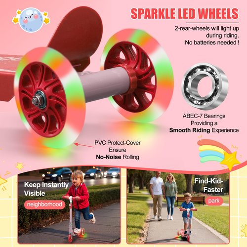 Kick Scooters for Kids 3-5 5-7 Age - Flexible Steer,Height Adjustable,Light Up Three Wheels Toddler Scooter for Ages 3+ Year Old Boys & Girls, Indoor Outdoor Fun Gifts - Pink