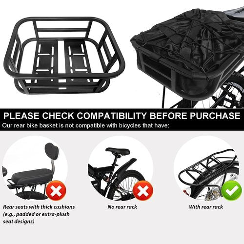 WCYQONOO Large Rear Bike Basket with Cargo Net, Liner & Waterproof Cover - Heavy Duty Rack for Carry Groceries, Balls, Pet Dogs on Bicycle & E-Bikes,Travel and Commuting Use,Capacity: 30 Liter
