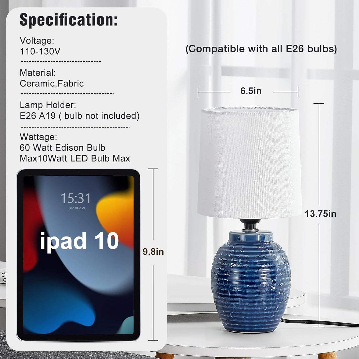 Boho Table Lamps Set of 2 - 13.5" Rustic Ceramic Bedside Lamps for Bedroom & Living Room