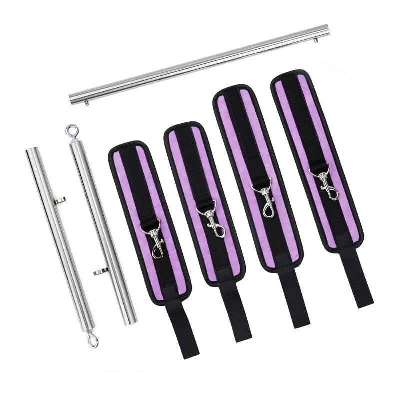 Spreader Bar Heavy Duty Stainless Steel Expandable Silver Bar Home Gym with 4pcs Furry Purple Adjustable Straps,Sports Aid Training Fitness Gear Pilates Aid Kit (Silver+Purple Furry Kit)