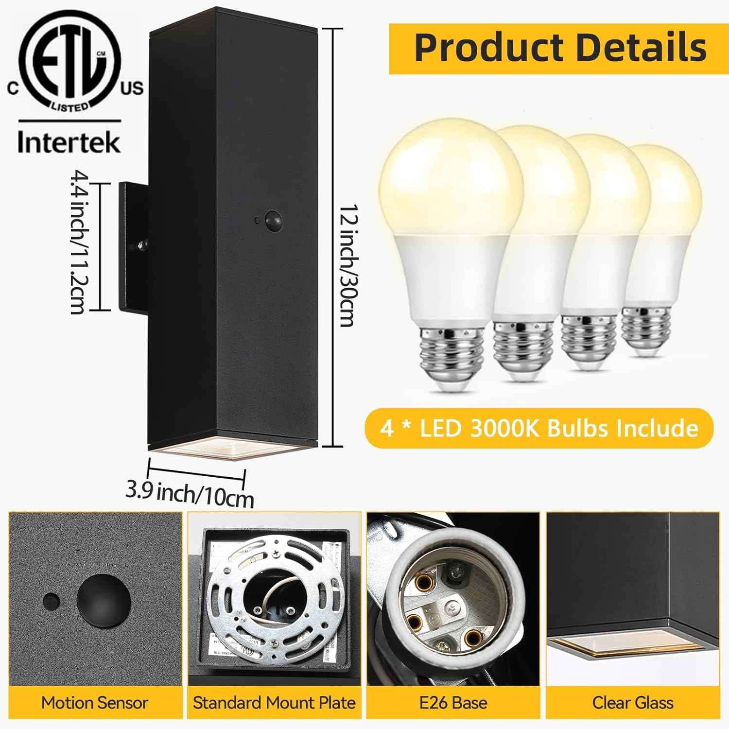 Modern Outdoor Wall Lights - Dusk to Dawn Square Matte Black Sconce with Bulbs, Aluminum Anti-Rust Up & Down Lighting for Porch & Garage