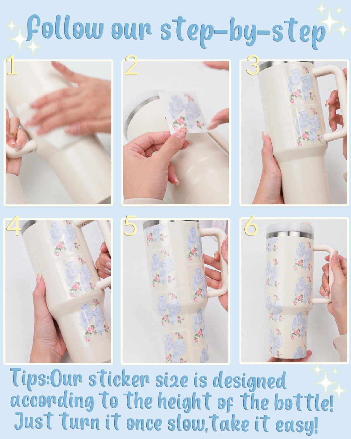 Kaitiaki Bows Stickers Compatible with Stanley Tumbler Accessories - Fits Holiday Quencher Tumbler 40 oz, Cute Decals Fit for Loveshackfancy Style Customization (Rosa Beaux Blue, 40 oz)