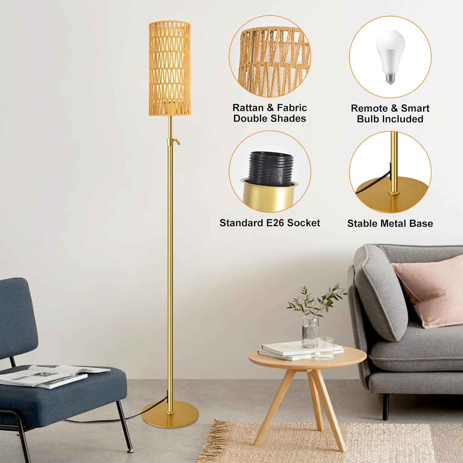 Boho Gold Floor Lamp with Remote Control | Dimmable Rattan & Wicker Design for Living Room