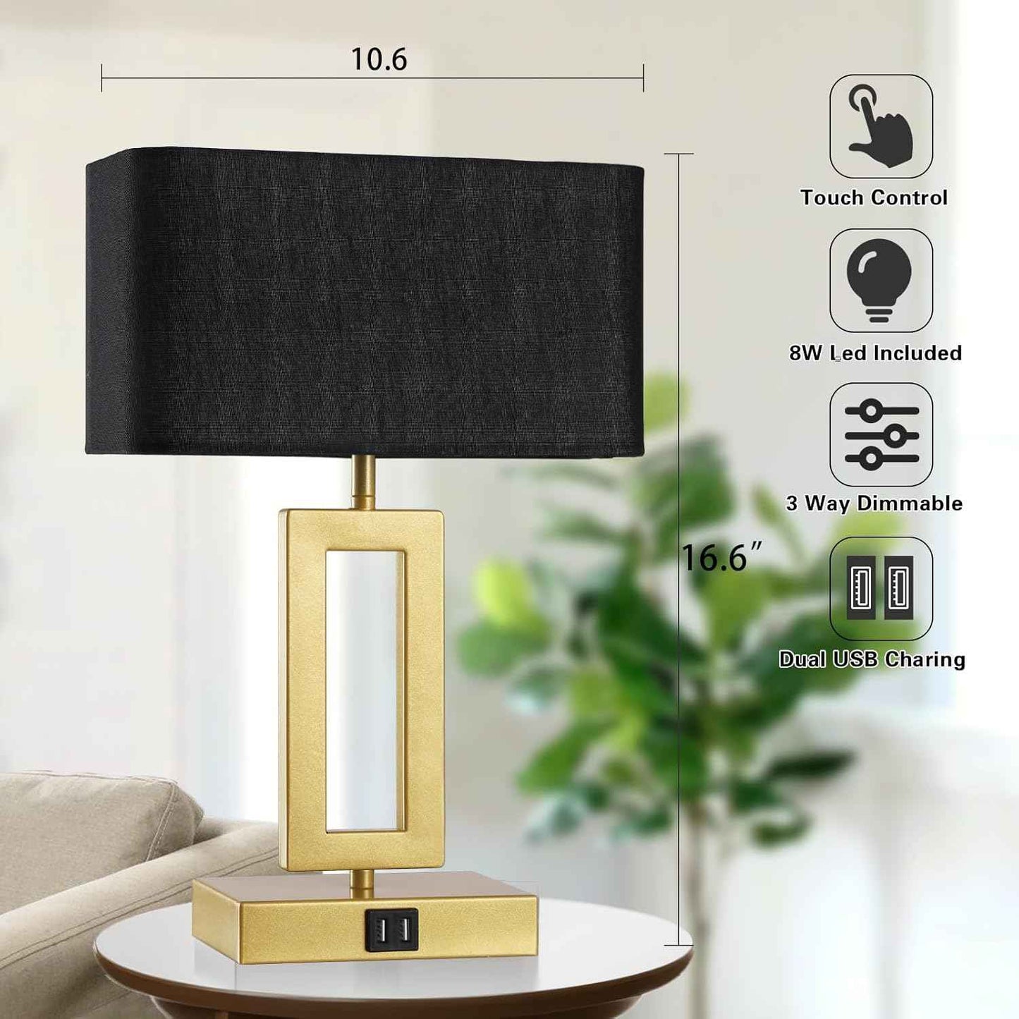 Gold Table Lamps Set of 2 - 3-Way Dimmable Touch Control with USB Ports, 22” Modern Design for Bedroom & Living Room