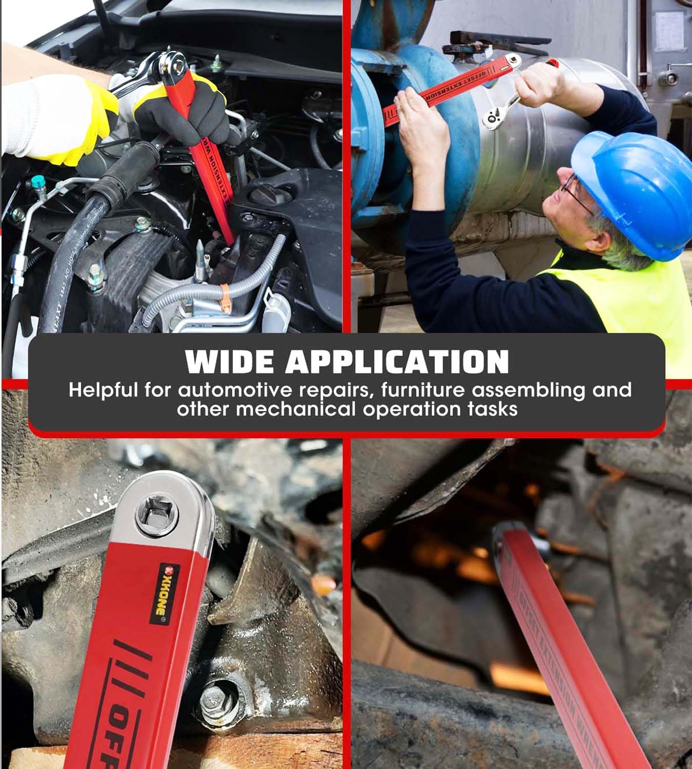 XKONE Offset Extension Wrench Set,15.4" Wrench with 1/4",3/8",1/2" Square Drive Adapters and 1/4" Socket forTight Spaces.