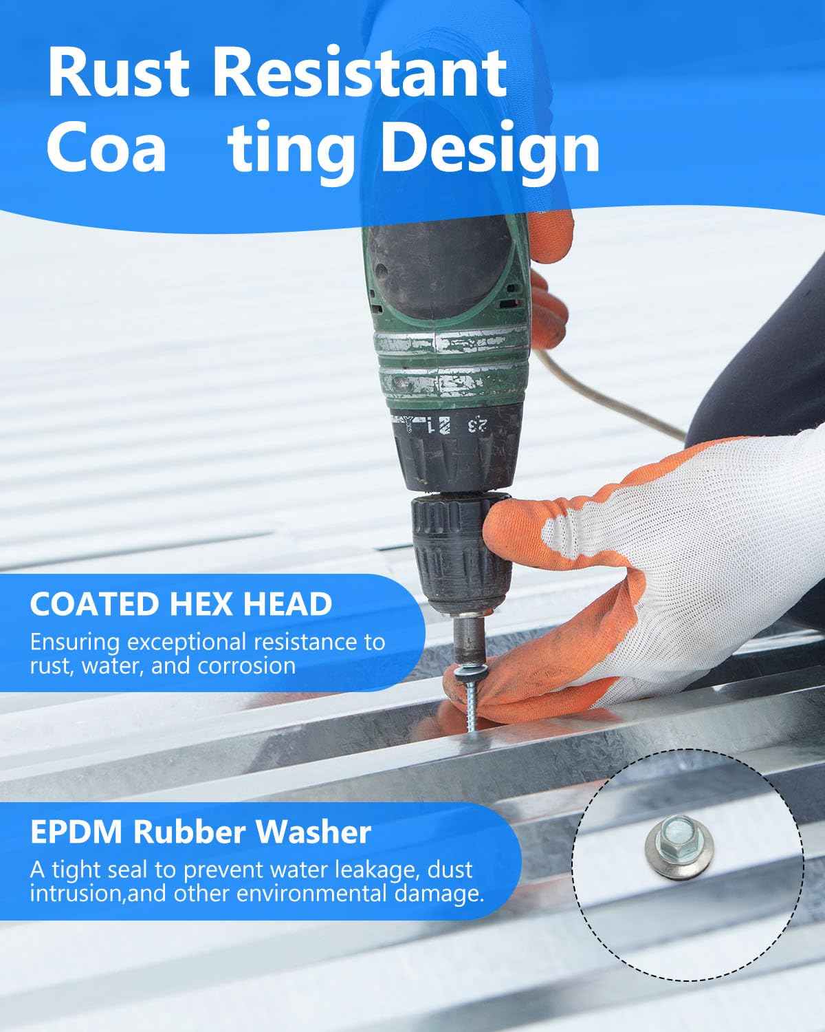 Metal Roofing Screws #10 x 1.5 Inch - 1000 PCS Zinc-Plated Hex Head with Rubber Washers for Corrugated Roofs