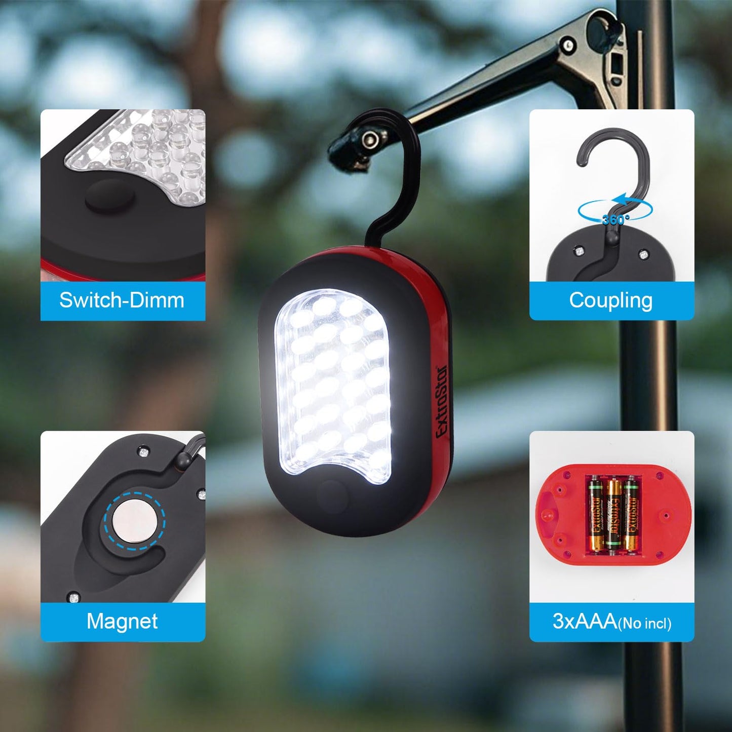 EXTRASTAR 3-in-1 LED Camping Light, Magnetic Work Light, Flashlight with Hook,120 Lumen. 2 Light Modes, Water Resistant, Battery Powered Light for Outdoor, Emergency, Garage, 2PCS