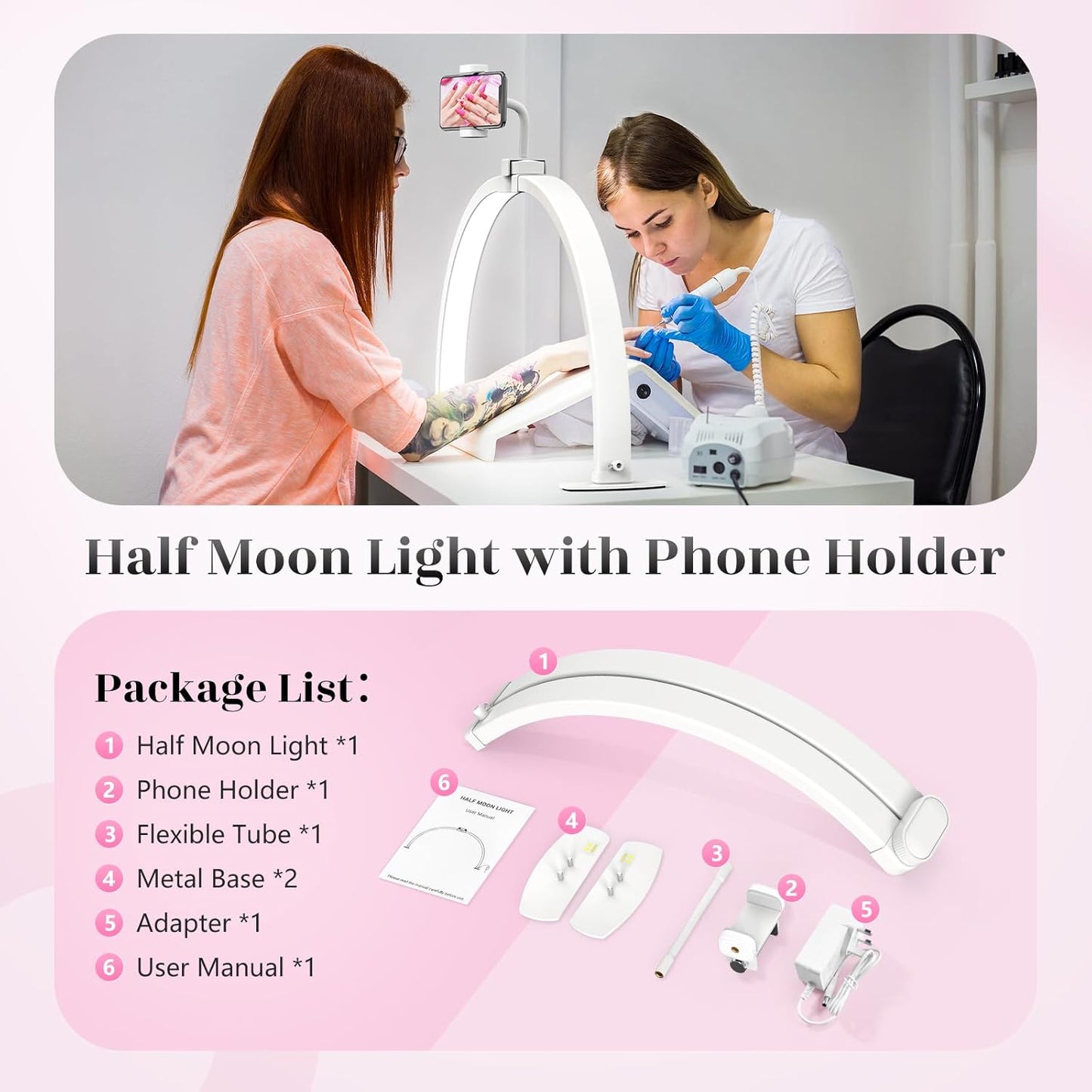 Yokilly Foldable Half Moon Nail Desk Lamp with Phone Holder - 3 Color Modes & 10 Brightness Levels for Manicure Salon