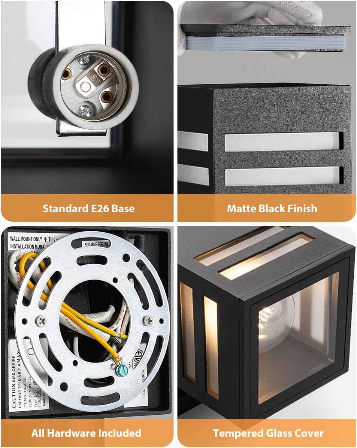 Modern Outdoor Wall Lights - Dusk to Dawn Square Matte Black Sconce with Bulbs, Aluminum Anti-Rust Up & Down Lighting for Porch & Garage